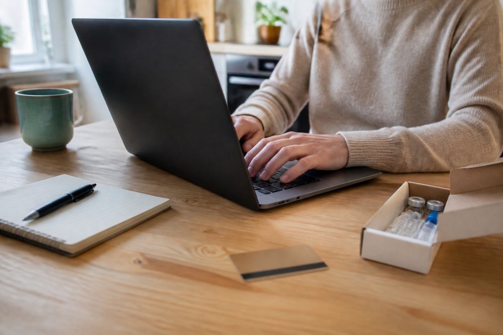 Person browsing a secure medical supply website on a laptop at a tidy home desk, with a small box of injectable vitamin supplies nearby and a credit card placed face-down for privacy