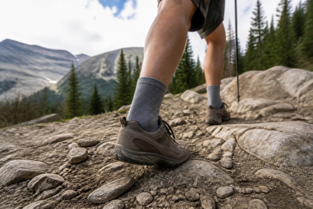 Hiker's feet in moisture-wicking socks during a mountain trail hike, showing proper sock fit at the arch and heel with the foot positioned mid-stride on rocky terrain