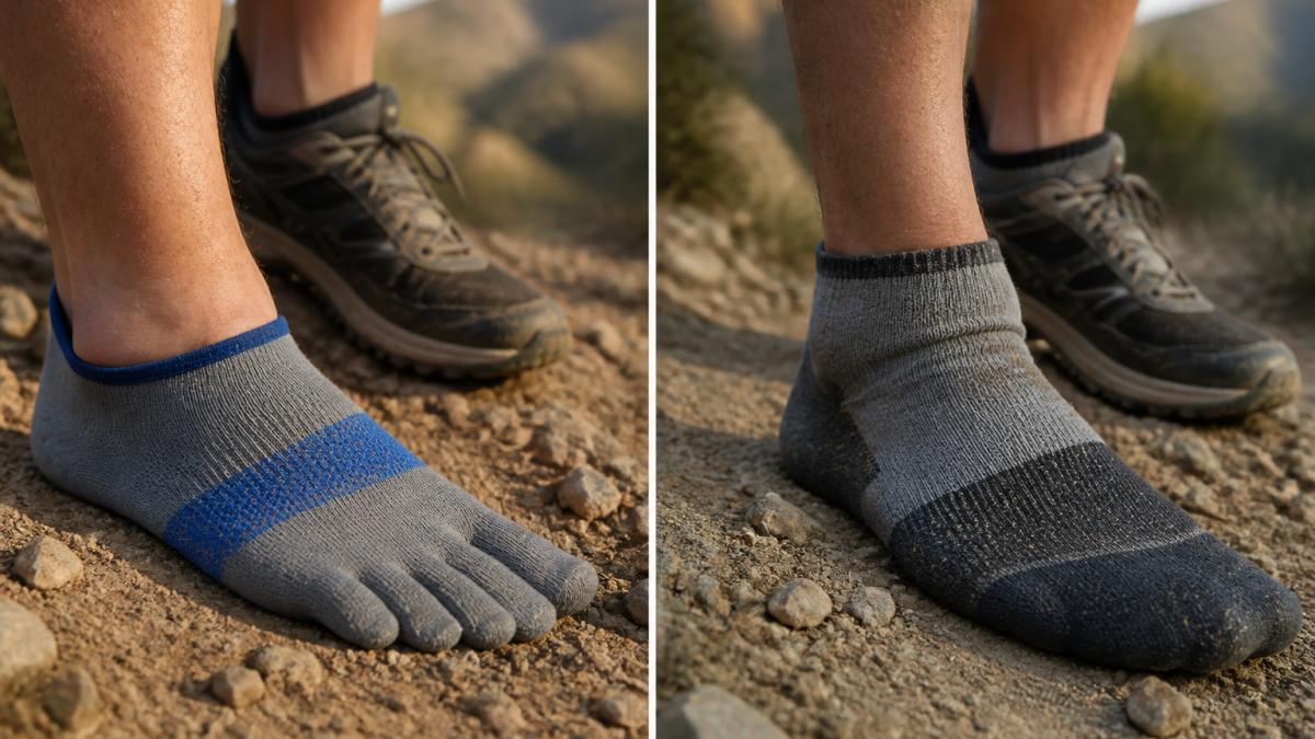 Close-up of a trail runner's feet on a rocky mountain path, wearing low-cut trail socks and trail running shoes, dust and small debris visible on the trail, late afternoon light
