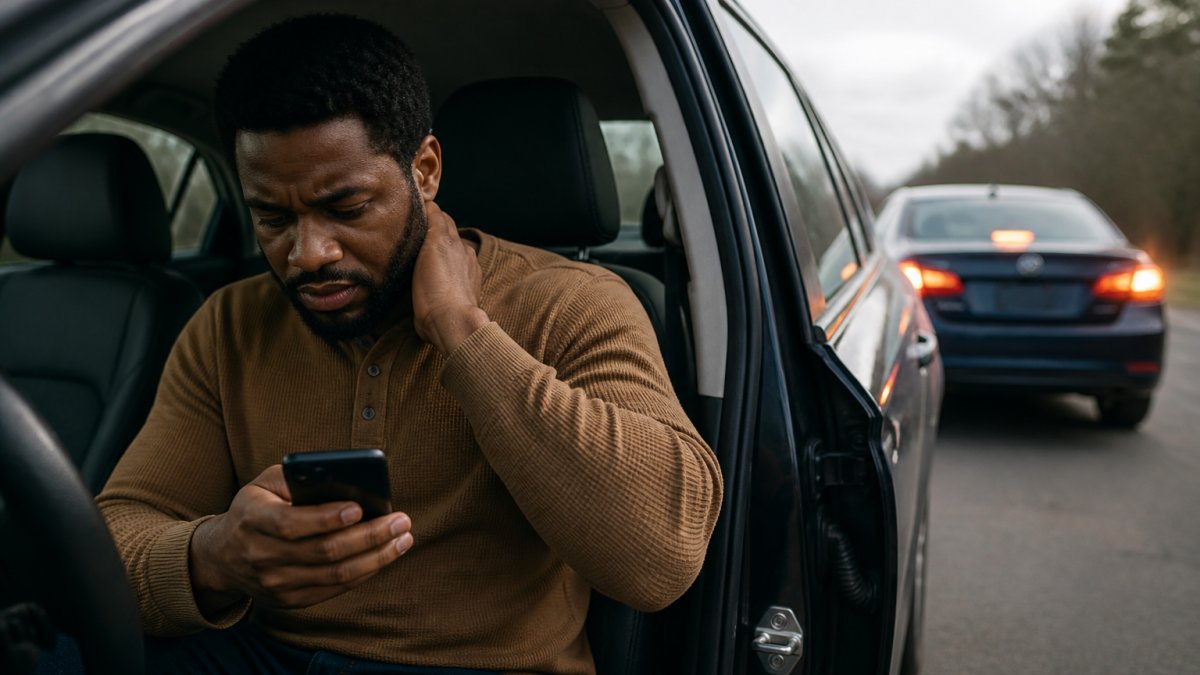 Person sitting in vehicle after accident, checking phone to call for help with hazard lights visible and another vehicle in background