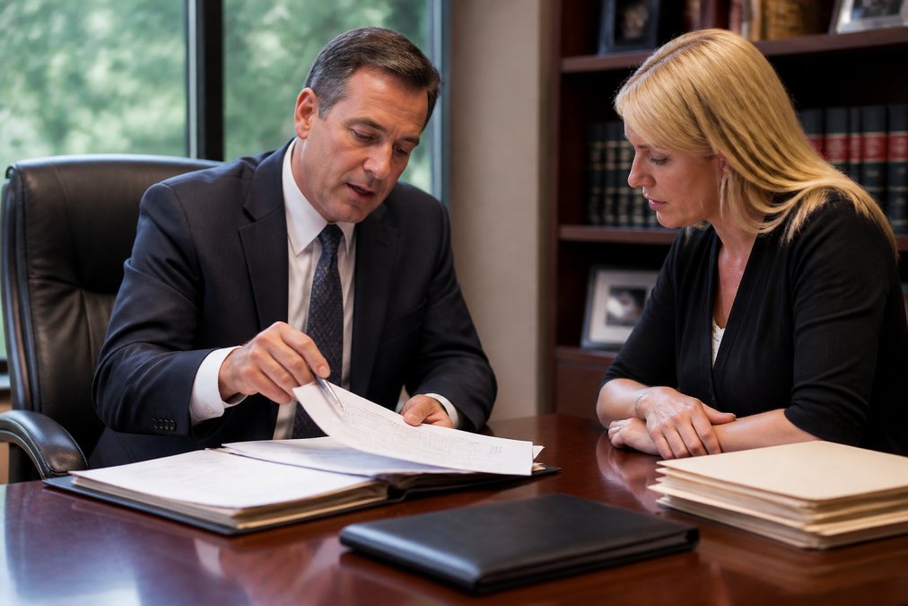 Professional attorney in business suit meeting with client across desk in modern law office, reviewing legal documents and case files together with warm, focused engagement