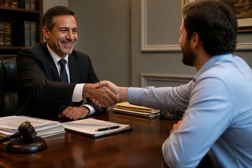 Attorney and client shaking hands across desk in office after successful settlement discussion, with paperwork and legal documents visible between them, both appearing satisfied and relieved