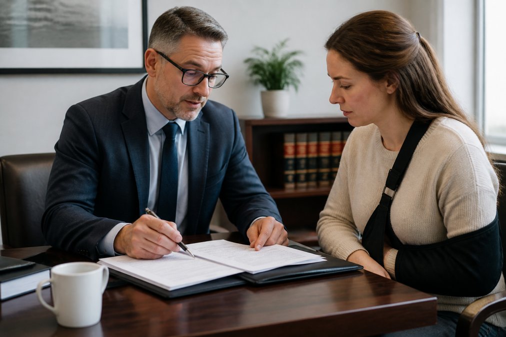 Solicitor meeting with a client at a desk in a modern law office, reviewing documents and discussing the claim process