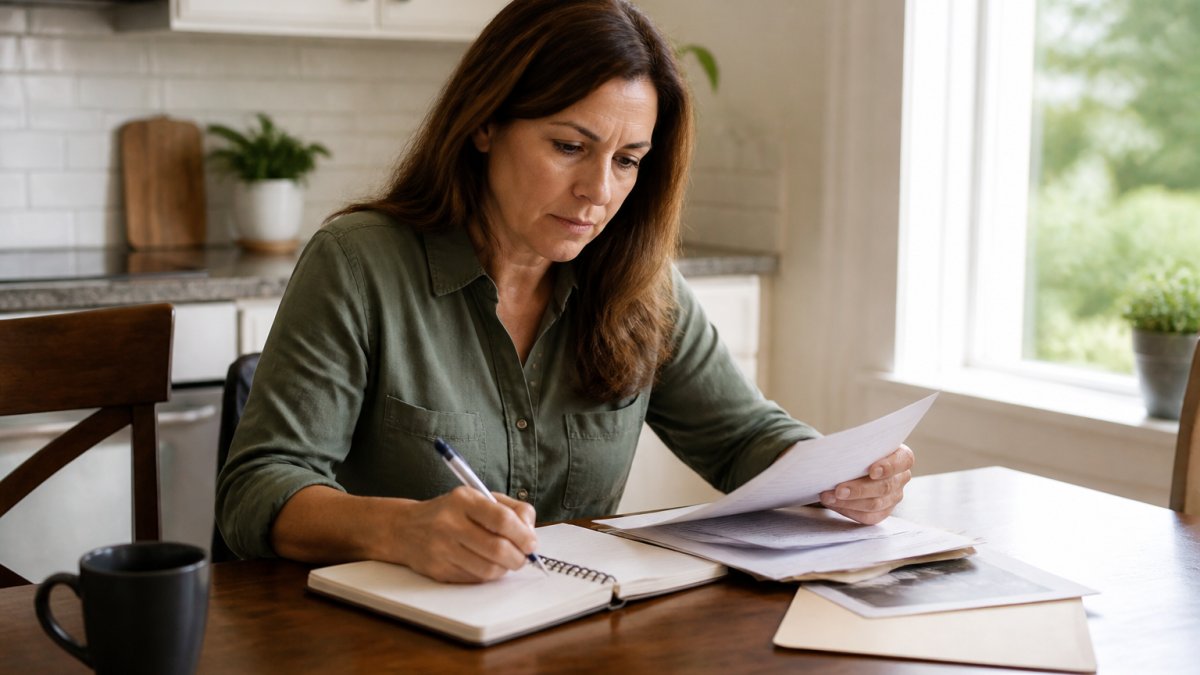 A person sitting at a kitchen table with a notepad, pen, and laptop, reviewing a checklist of questions for a lawyer consultation, with natural window light