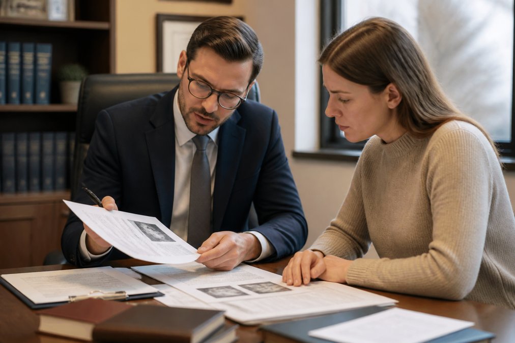 Professional injury lawyer in modern office reviewing case documents with client across desk, both examining medical reports and paperwork under natural lighting