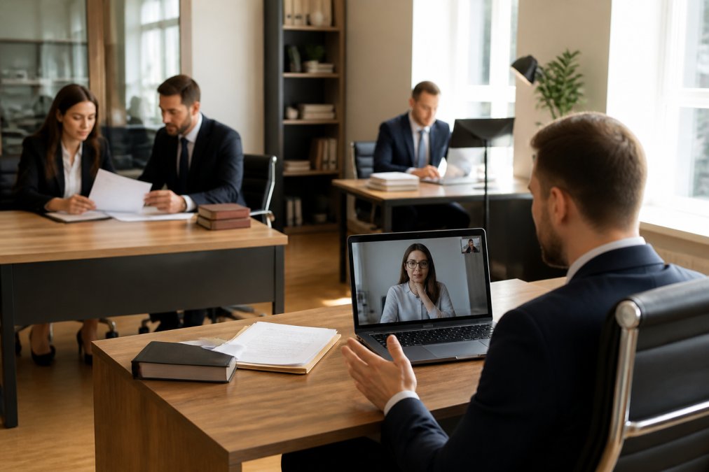 Diverse team of legal professionals in bright modern office environment, one lawyer on video call discussing case with client, others reviewing documents at desks