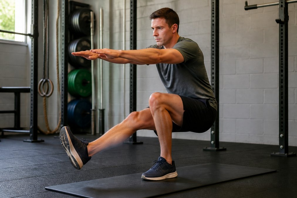 A runner performing a single-leg squat on a gym mat, focused expression, athletic wear, natural light gym setting
