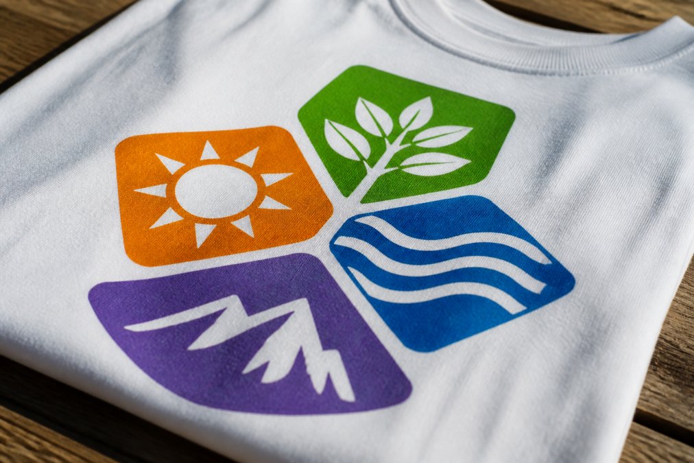 Close-up of vibrant multi-color screen-printed company logo on white cotton t-shirt, showing crisp detail and ink saturation under natural light