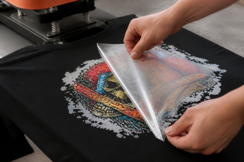 Close-up of hands peeling a DTF transfer from a garment after pressing, showing the glossy carrier film being removed