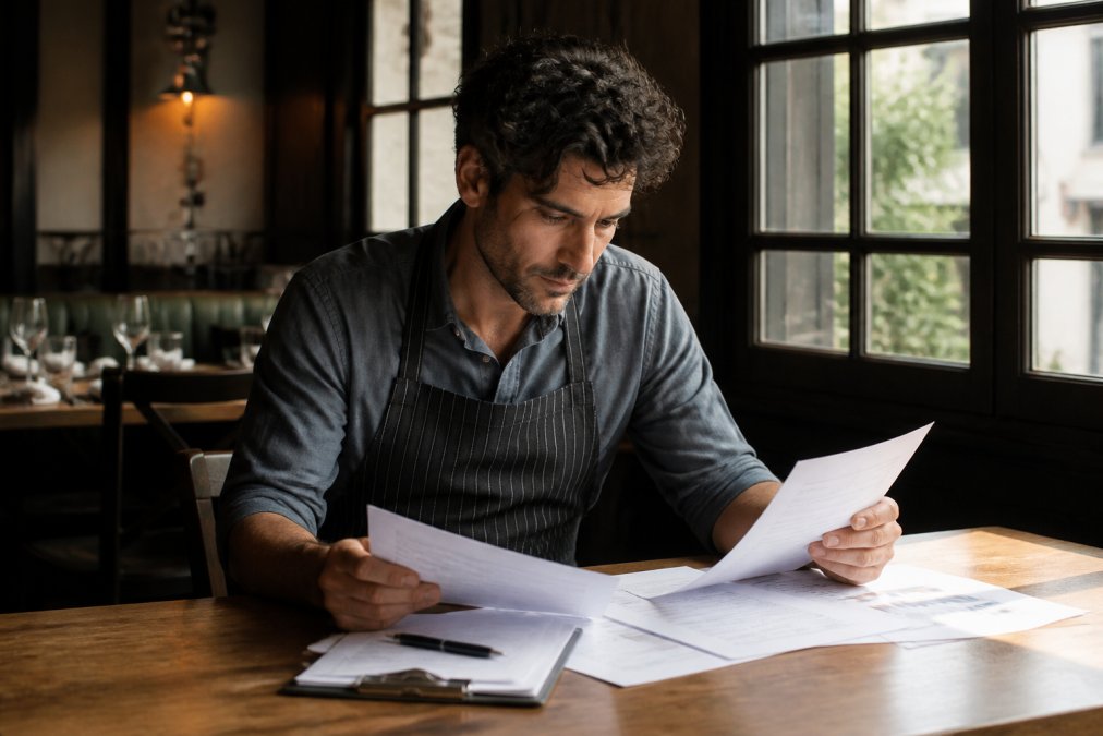 An independent restaurant owner in an apron reviewing financial documents on a wooden table in their dining room during quiet afternoon hours, natural window light across the papers