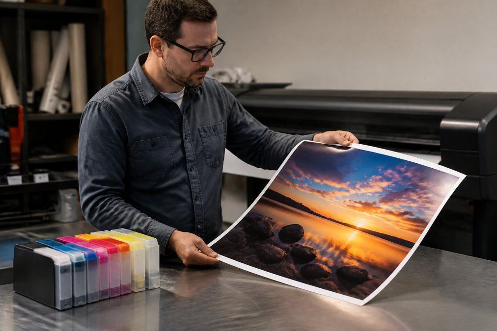 Professional print technician inspecting a vibrant color photograph on professional photo paper, with pigment ink cartridges visible on the workbench in a modern print shop with controlled lighting