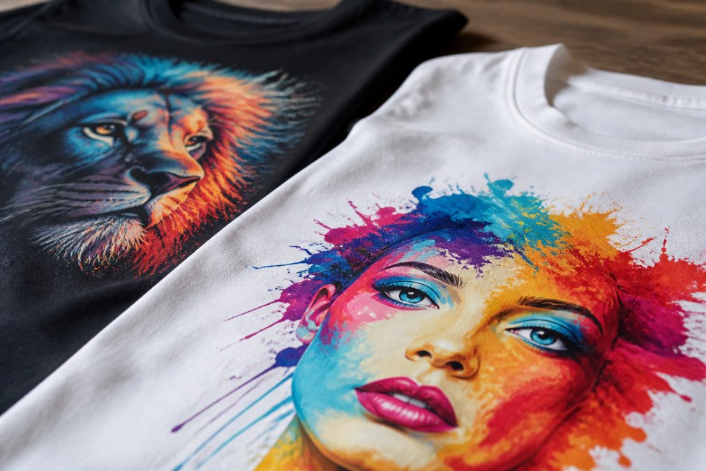 Close-up of vibrant DTF printed garments showing detailed color gradients and design clarity on dark and light fabric samples, with natural studio lighting highlighting the texture and saturation differences