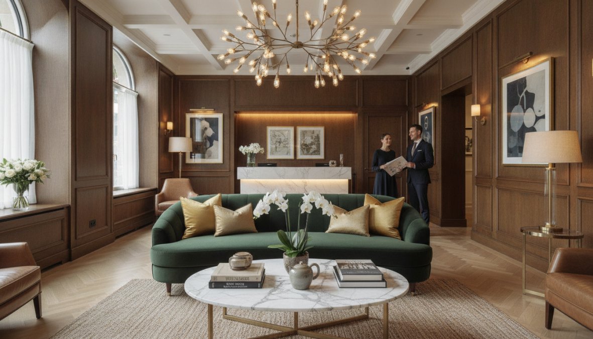 Elegantes Boutique-Hotel-Gästezimmer mit luxuriöser Inneneinrichtung, Designer-Möbeln, warmer Beleuchtung und durchdachter Atmosphäre