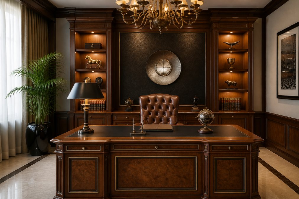 Elegantes Geschäftszimmer mit hochwertigen Massivholzmöbeln, modernem Arbeitsplatz und stilvoller Beleuchtung, das Luxus und Funktionalität verbindet