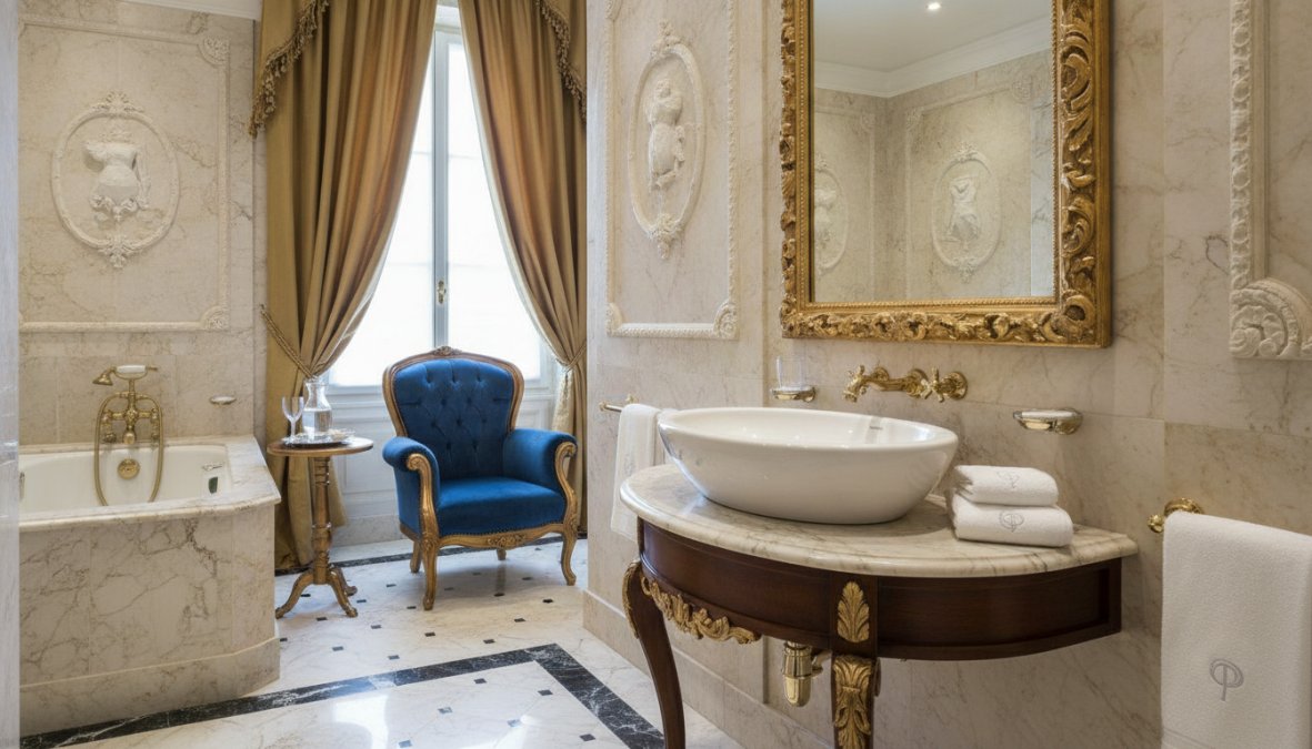 Elegantes Hotelzimmer mit exklusiven Barockstil-Möbeln von Casa Padrino, Marmor-Waschtisch mit Bronze-Armatur, Blattgold-Details an Spiegeln und Leuchtern, warme Beleuchtung durch Kronleuchter, luxuriöse Bettwäsche und Vorhänge