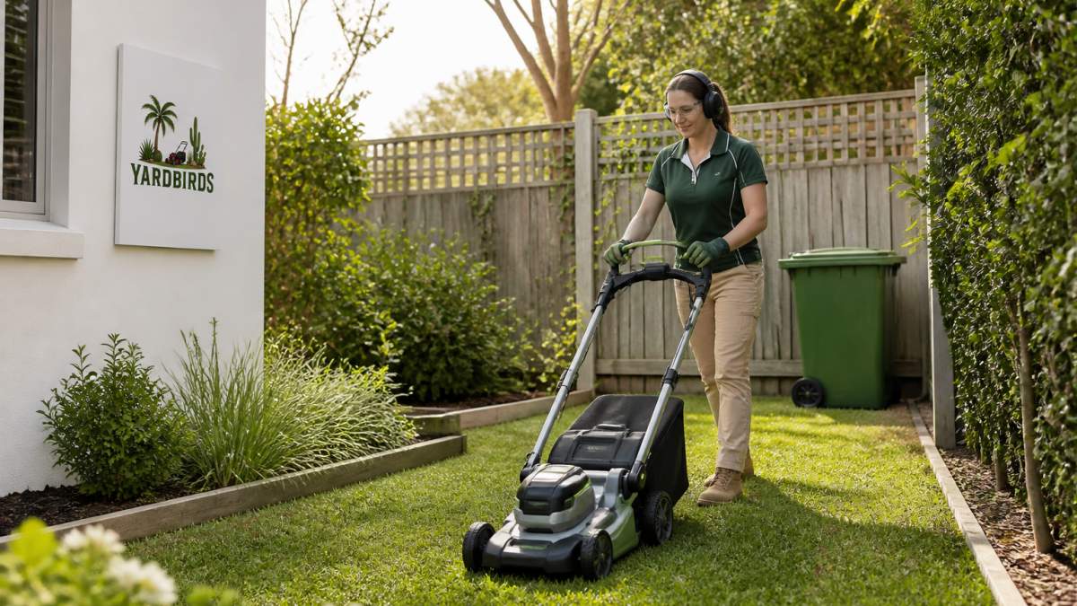 Gardener using a quiet battery-powered mower for inner west mowing in a well-kept residential backyard