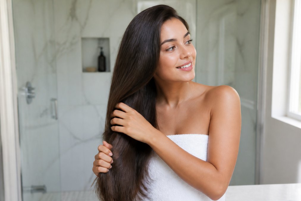 Woman with smooth, shiny keratin-treated hair running her fingers through her hair, showing healthy texture and shine in bright natural light