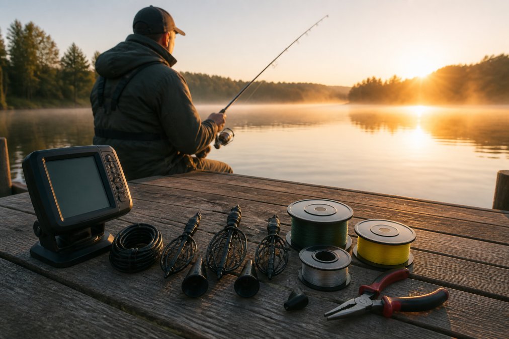 An angler on a lake dock at dawn holding a spinning rod, with a portable fish finder, weed blocker devices, braided line spools, and split-ring pliers spread out on the dock boards beside him in early morning golden light