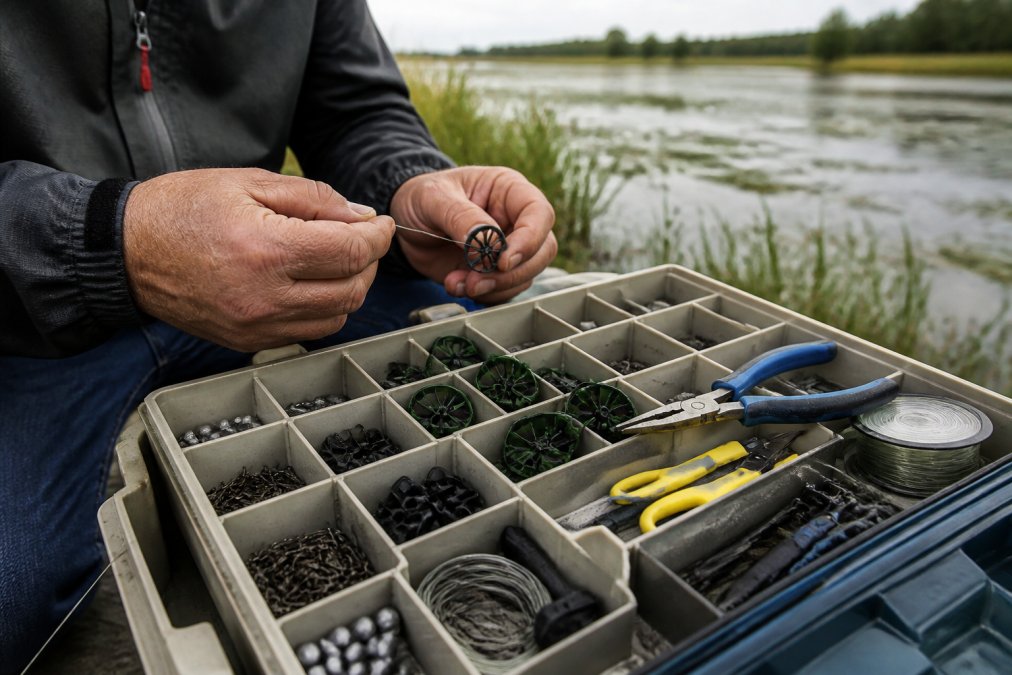 Close-up of an angler's weathered hands sorting through a well-organized tackle box on the edge of a weedy lake, with weed blocker devices, split-ring pliers, bait shears, terminal tackle, and braided line spools arranged in separate compartments, soft overcast daylight