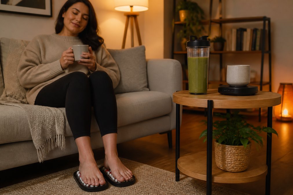 A woman relaxing on a sofa at home wearing acupressure slippers, with a portable blender bottle and a smart cup massager on a side table nearby, warm evening lighting