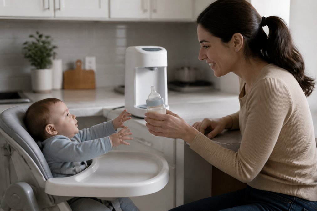 Parent holding a warm bottle prepared by an automatic formula dispenser in a modern kitchen, with a relieved expression while infant reaches toward the bottle