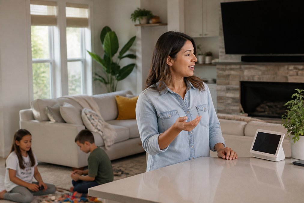 Family in a living room with a smart display hub on the counter, parent using voice commands while children play nearby in natural afternoon lighting