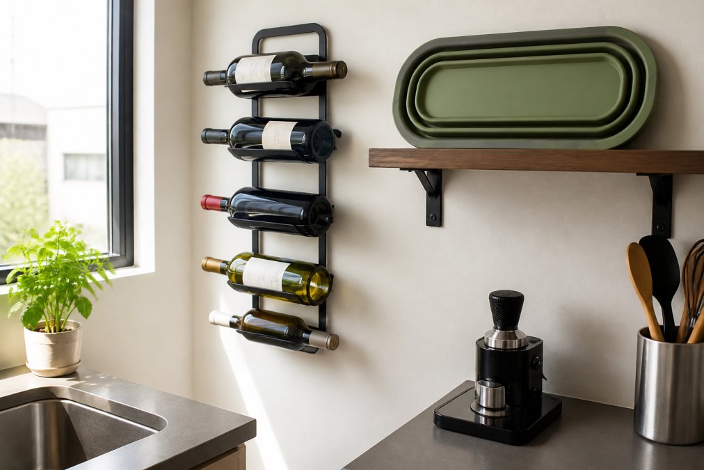 Wall-mounted wine rack, silicone basin, and espresso tool in a small, organized apartment kitchen corner.
