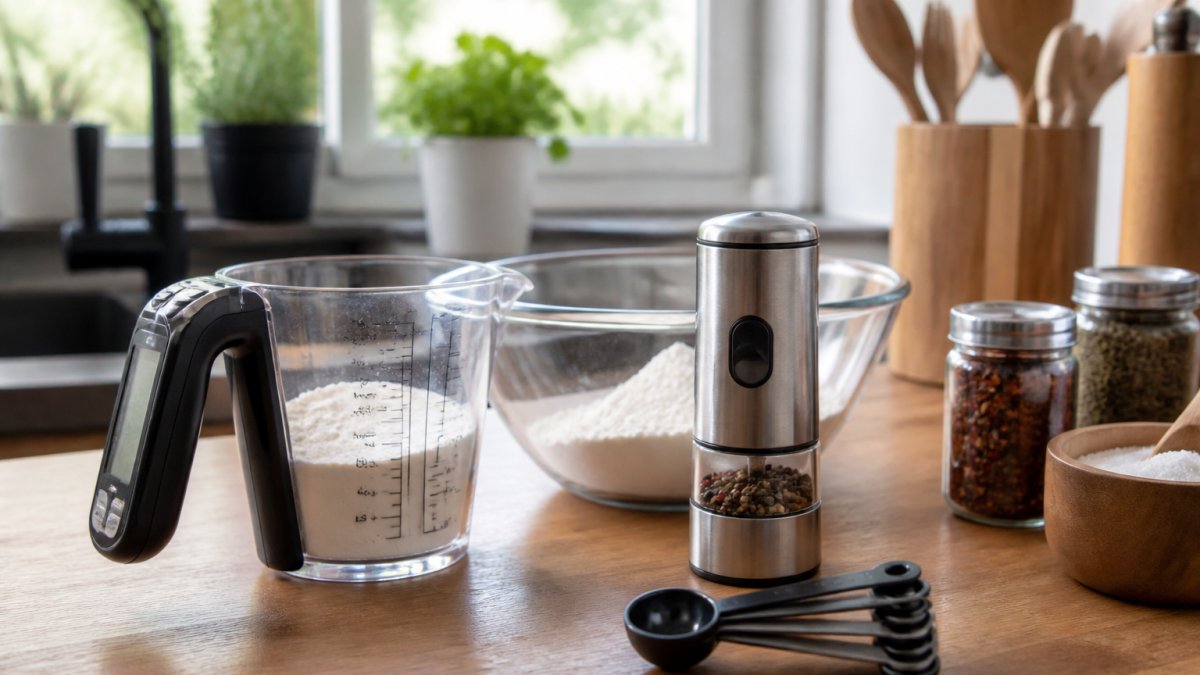 A home cook's kitchen counter with a digital measuring cup, an electric spice grinder and a folding measuring spoon arranged beside a bowl of flour and spices, natural daylight from a window