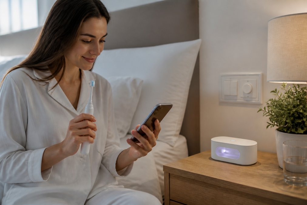 Person in a bright bedroom using a UV toothbrush sanitizer and checking a smartphone with smart home controls visible on the nightstand