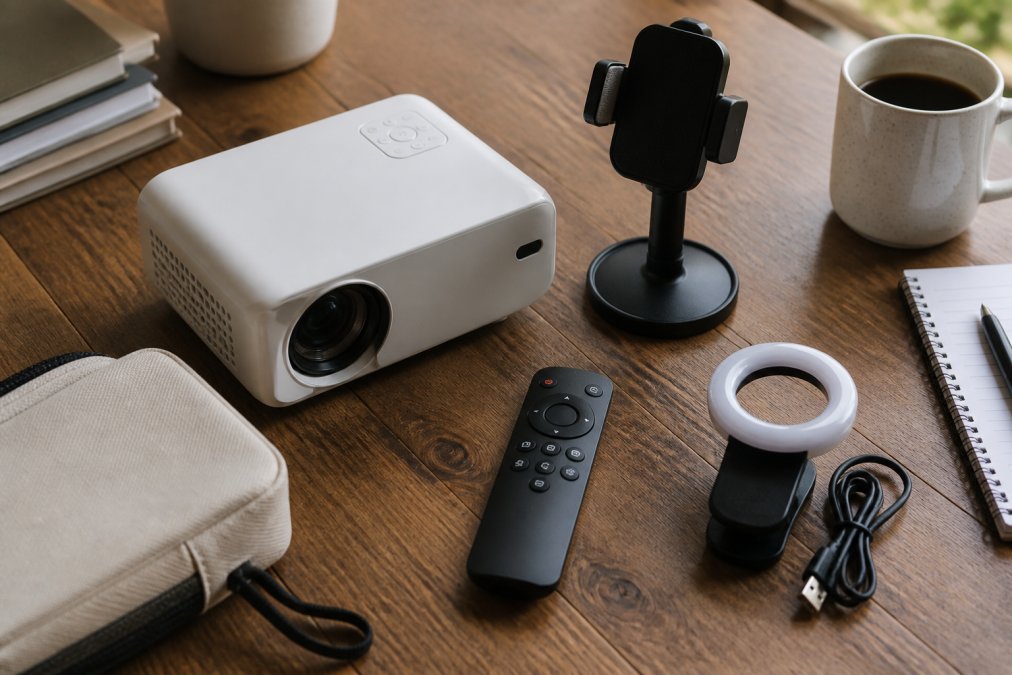 Flatlay arrangement of trending tech gadgets including a portable projector, wireless remote, selfie light, and phone mount on a modern desk with coffee and notepad