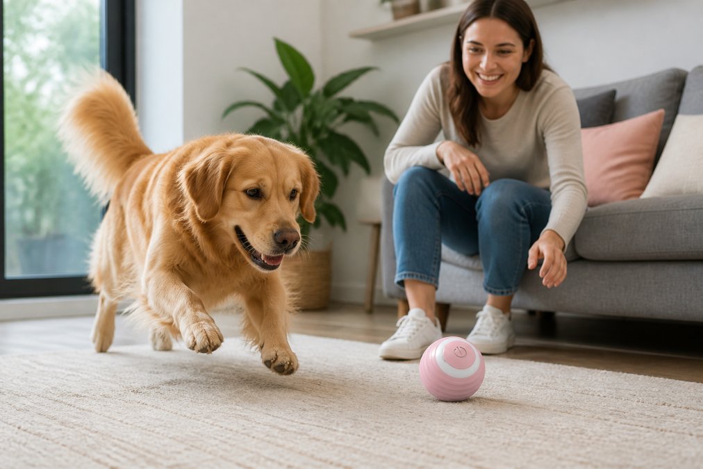 Pet owner in a bright living room engaging with their dog playing with an interactive smart rolling toy ball, the dog actively chasing and pouncing on the moving toy