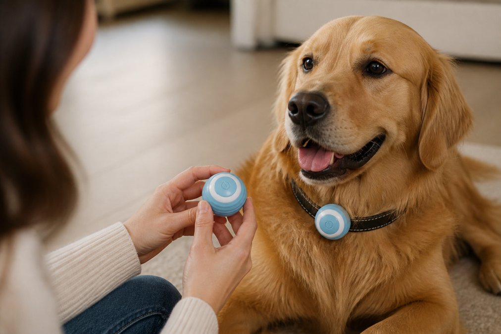 Close-up of a pet owner's hands holding a sleek smart pet health monitoring device near their dog's collar, the device displaying real-time health metrics on a small interface screen