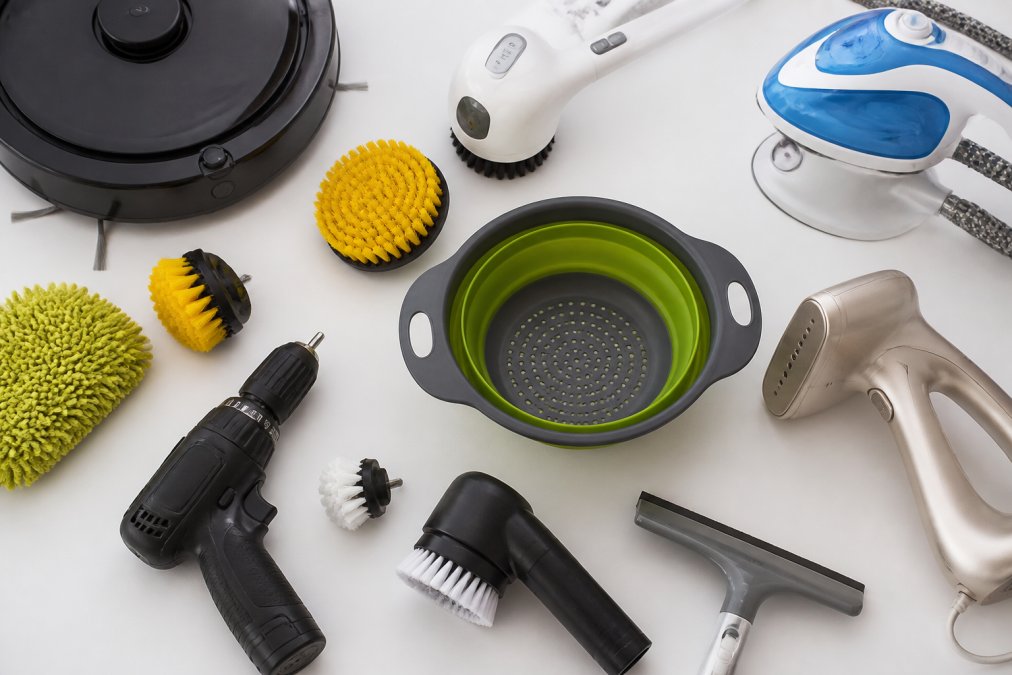 Flat lay arrangement of various household gadgets and tools on a bright white surface, including a power scrubber, garment steamer, collapsible colander, drill brush attachments, and robot vacuum base, organized neatly to show product diversity and innovation