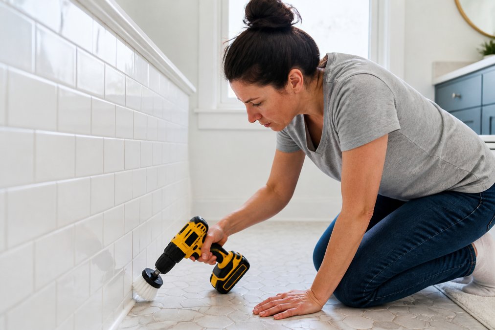 Person using a cordless drill with brush attachment to clean bathroom tile grout with focused intensity, showing proper ergonomic grip and cleaning action in a modern white-tiled bathroom with natural lighting from a window