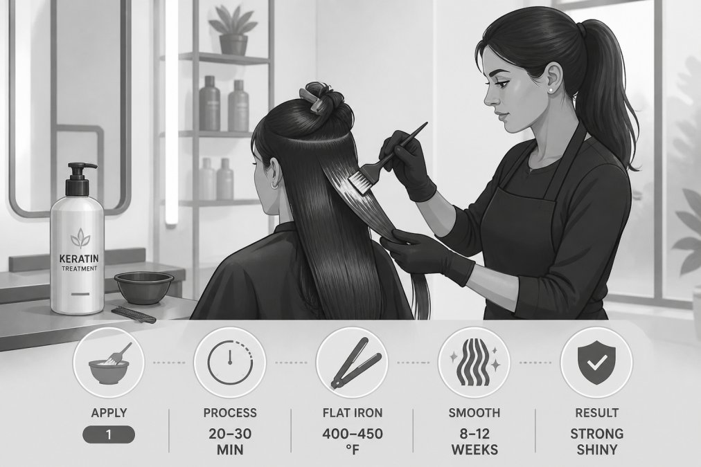 Professional stylist applying keratin treatment to client's hair in modern salon setting, showing precise application technique with treatment product bottle visible on styling station with natural light