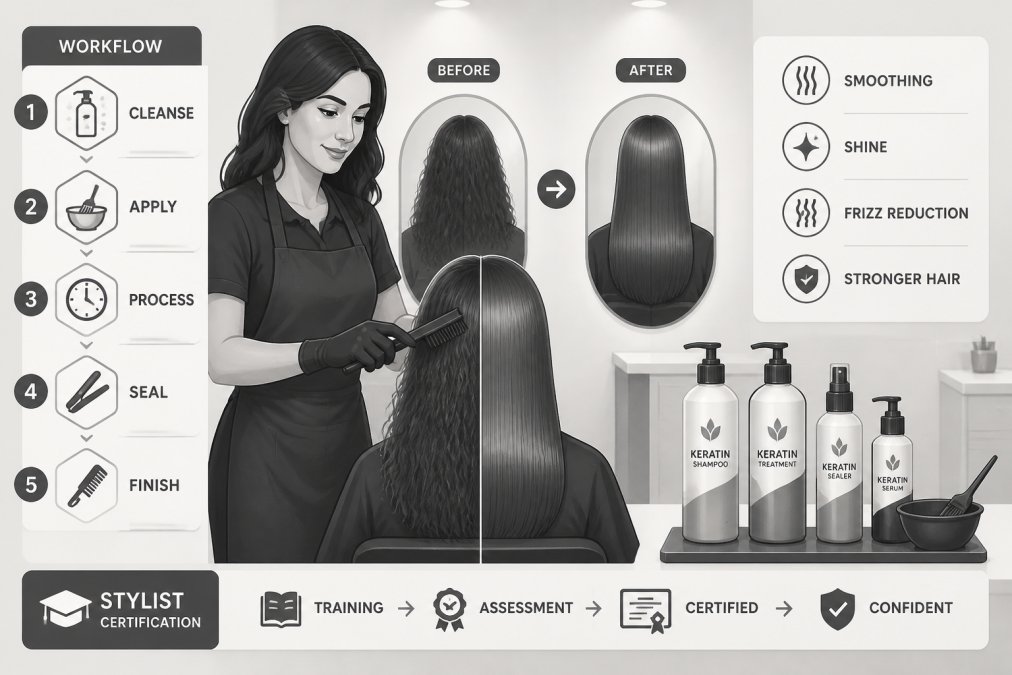 Stylist demonstrating keratin treatment results on client's hair, showing smoothing technique with visible texture improvement, healthy shine and reduced frizz, warm salon lighting with product bottles visible