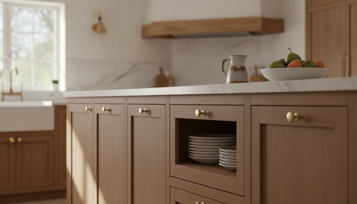 Modern kitchen featuring inset cabinets with visible face frame, flush doors in natural wood finish, and visible hardware details, photographed with natural window lighting