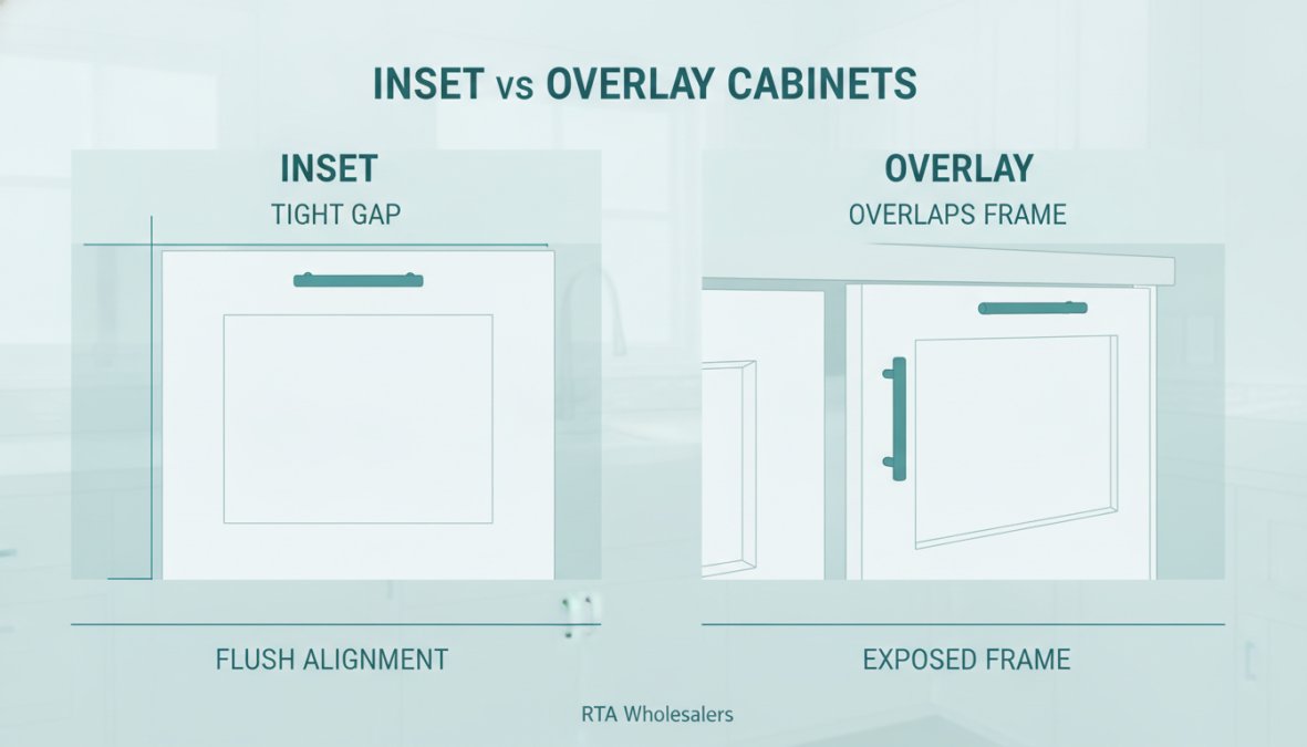Close-up side-by-side view of an inset cabinet door (flush with face frame) and an overlay cabinet door (sitting on top of frame) showing the gap and alignment differences in a modern kitchen setting with natural light