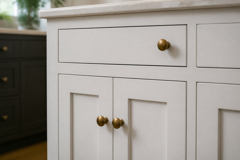 Close-up of an installed inset cabinet door showing flush alignment with the face frame and crisp reveals between door and frame