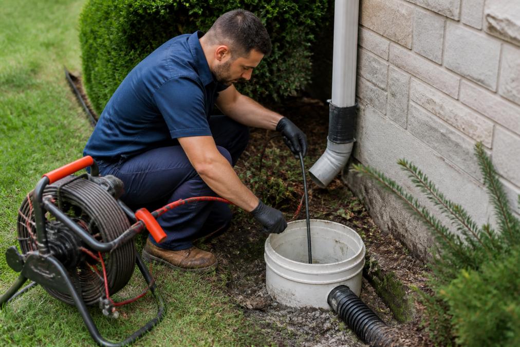 Technicien professionnel en uniforme bleu inspectant une cheminée d'accès de drain, insérant une caméra d'inspection haute définition dans le tuyau avec équipement spécialisé visible à côté