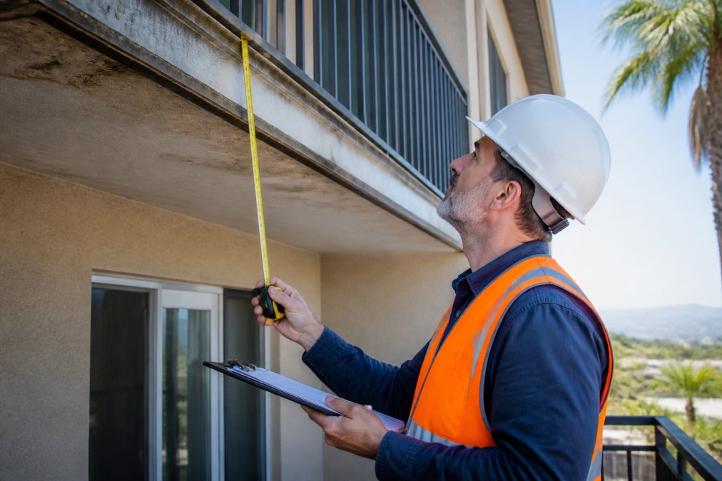 Professional inspector examining balcony structure with clipboard and measuring tools, wearing safety equipment on a residential building exterior, natural daylight illuminating the work