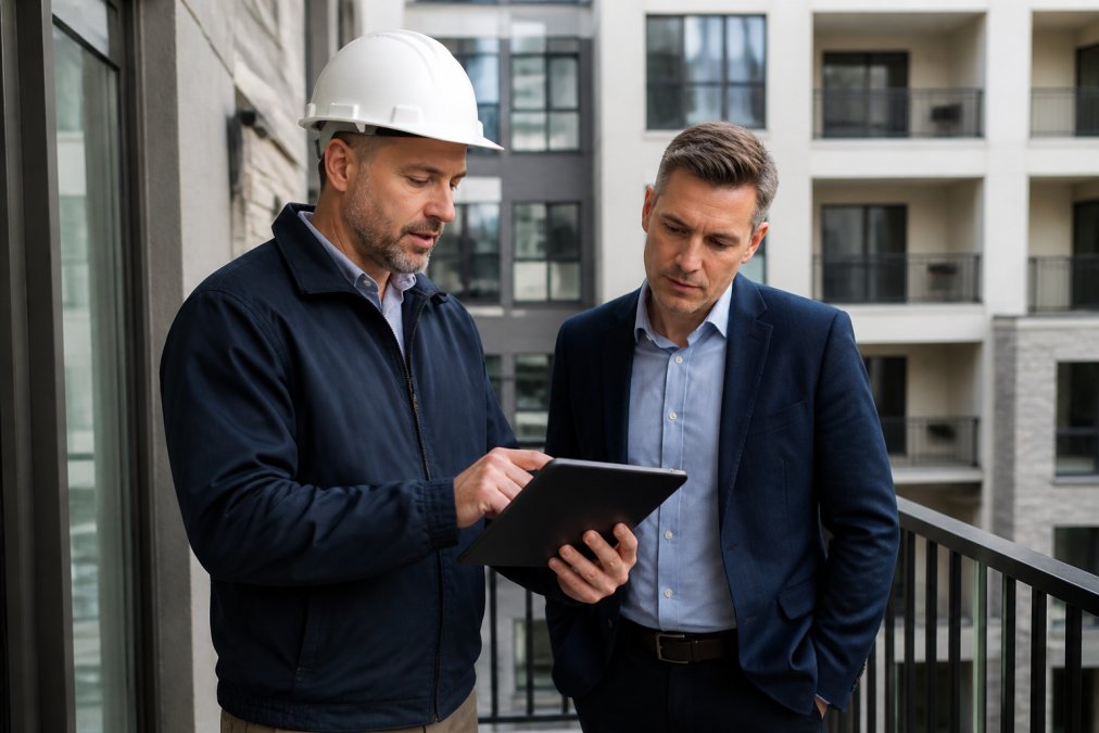 Professional inspector documenting structural findings on tablet device while standing on balcony with building in background, reviewing notes with property manager