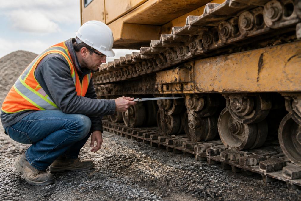 Inspector crouching beneath heavy equipment using measuring tool on undercarriage track, examining wear patterns and structural damage in daylight