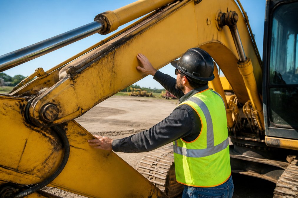 Technician in safety vest performing visual inspection of excavator boom and arm structure, checking for cracks and welds in bright daylight on job site