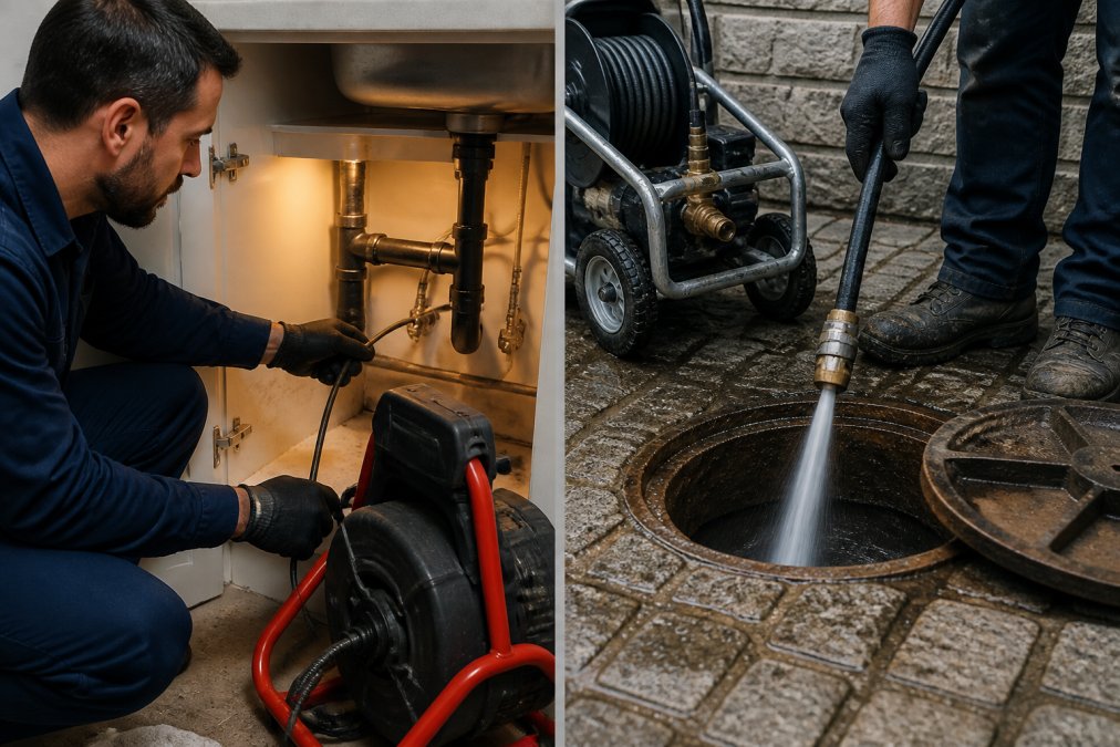 Technicien en uniforme guidant une caméra d'inspection dans une canalisation ouverte sous un évier, éclairage de chantier, outils professionnels visibles autour