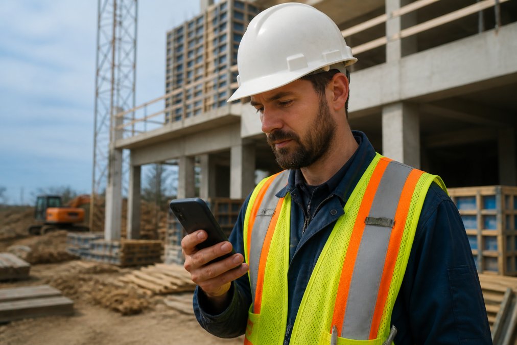 Field inspector on a construction site reviewing photos and notes on an Android smartphone, with site documentation visible in the background, natural outdoor lighting