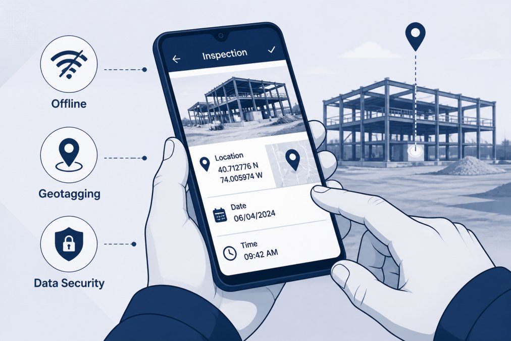 Close-up of hands holding a smartphone showing geotagged location data and timestamp information on an inspection report, with outdoor site environment visible, natural daylight