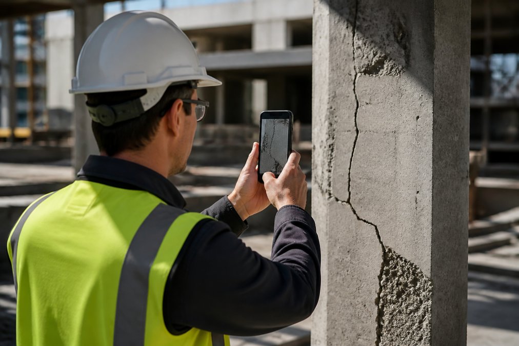 A field inspector in a safety vest and hard hat standing at a construction site, holding a smartphone with the camera app open, capturing close-up photos of concrete cracks and structural defects with natural sunlight illuminating the work surface