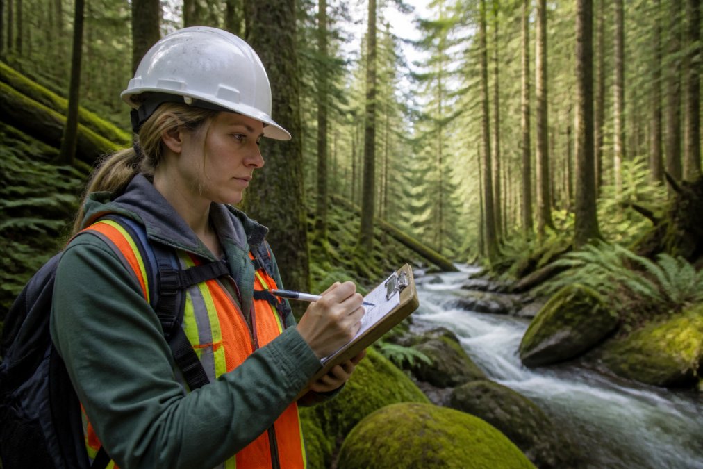 An environmental consultant in field gear working in a remote, forested area with no visible cell towers or infrastructure, using a smartphone to capture geotagged photos and handwritten notes on a weathered clipboard with no visible internet connection