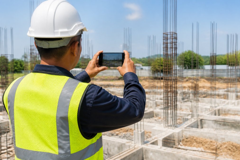 An inspector in a hard hat and hi-vis vest holding an Android smartphone with the camera app open, capturing a photo of a construction site with concrete foundations and rebar in the background under bright daylight